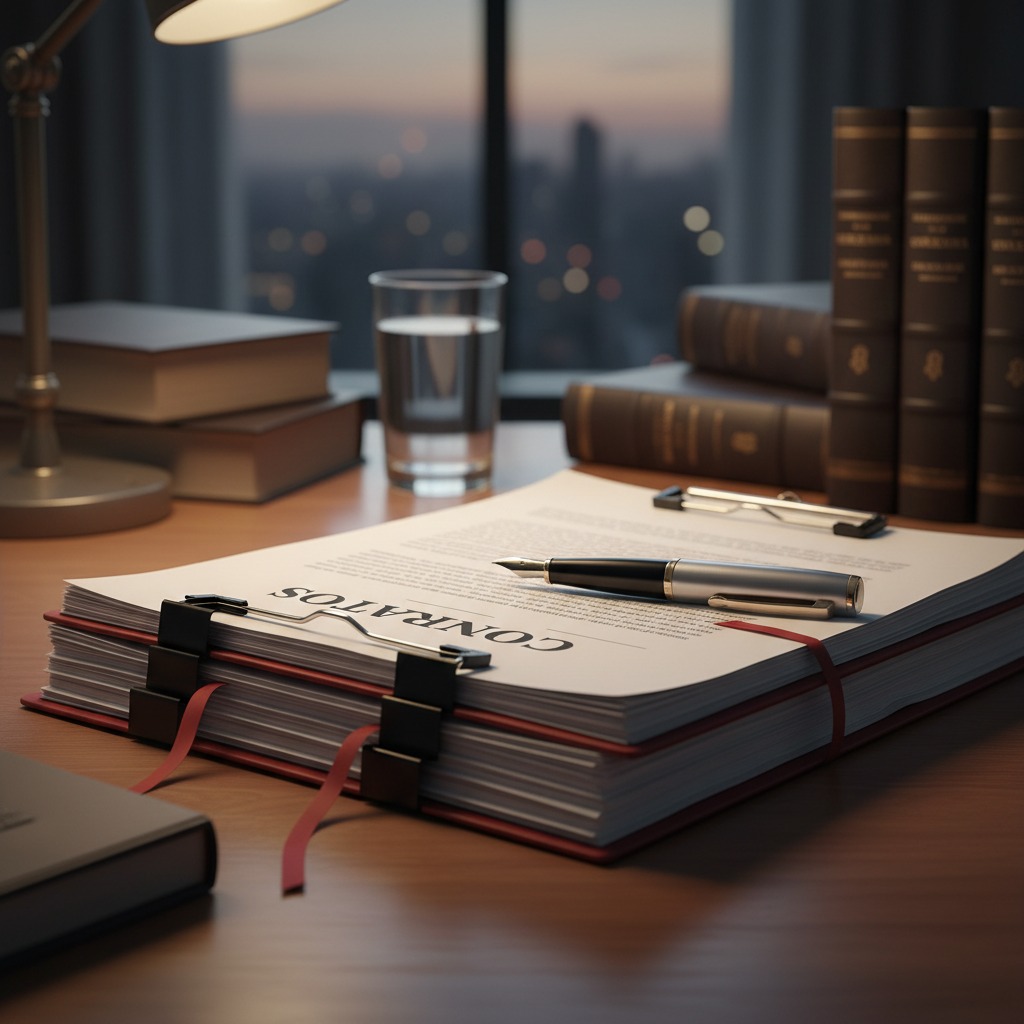 Uma pilha de documentos com a palavra "CONTRATOS" escrita na capa, acompanhada de uma caneta, um copo d'água e livros sobre uma mesa de escritório.